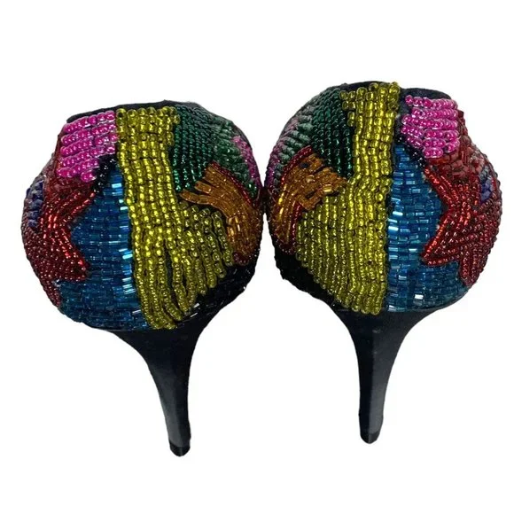 Vintage 90s Caparros Multicolor Pattern Beaded Pointed Toe Pumps 6